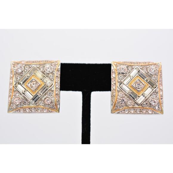 Vintage Crystal Clip On Earrings Statement Bold Costume Jewelry Chunky 80s BinAE - Picture 1 of 12